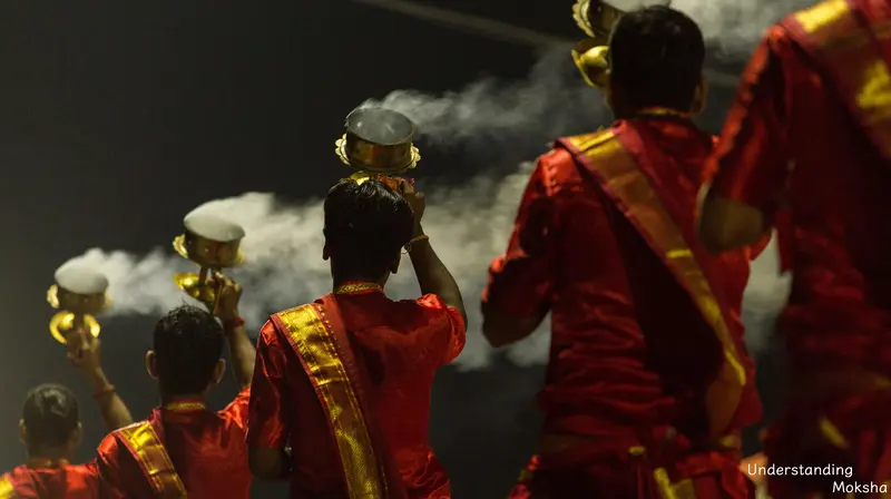 Priests raising lamps during an evening aarti, seen from behind