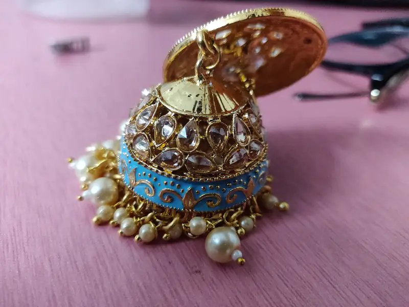 Kundan jhumka earring with pearls and blue enamel