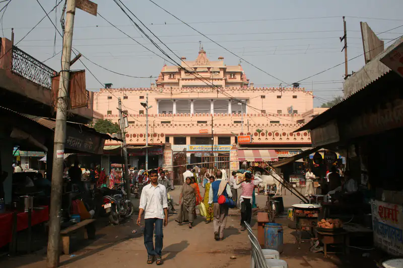 Busy street leading to the Krishna Janmabhoomi temple in Mathura