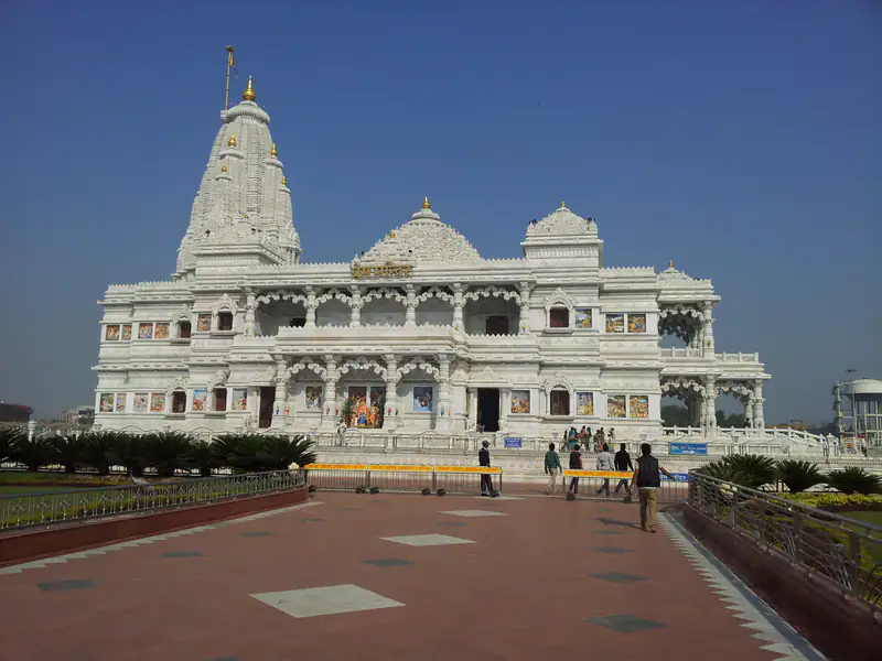 Prem Mandir temple in Vrindavan on a clear day