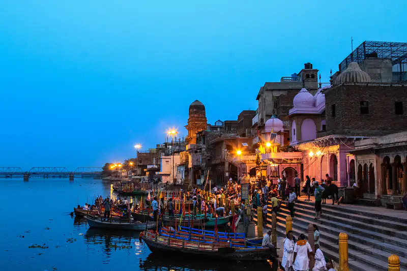 Evening lights at Vishram Ghat on the Yamuna in Mathura